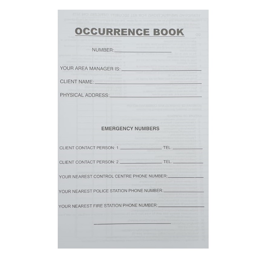 Security Occurrence Book – Gauteng US